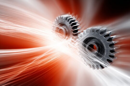 Two grey gears interlock, spinning rapidly with bright white light streaks on dynamic red background.