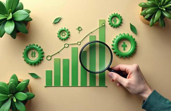 Hand holds magnifying glass above bar chart with gears. Growth chart business data. Potted plants show eco growth concept. Analytics, progress, teamwork, success, eco, environmentally friendly, - Powered by Adobe