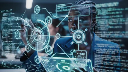 African american businesswoman interacting with holographic digital interface displaying complex data and analytics on a tablet 4k video - Powered by Adobe