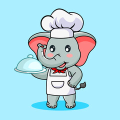 Cute Elephant Chef Serving Dish with Cloche Vector Illustration Cartoon Kawaii Design