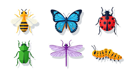 Obraz premium Collection of six colorful insect icons including a bee, butterfly, ladybug, beetle, dragonfly, and caterpillar