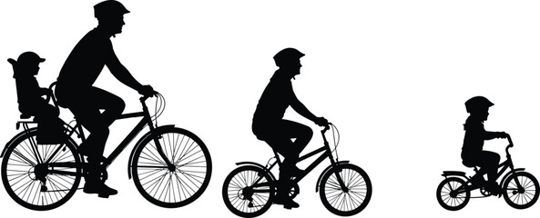 Obraz premium Father and Children Cycling Together, Wearing Helmets for Safety, Representing Outdoor Activity and Healthy Lifestyle.