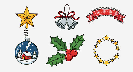 Collection of cute handdrawn christmas holiday decoration icons