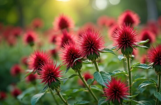 Field of bright red Monarda flowers with spiky petals bloom in a garden during summer. These ornamental plants offer a rich floral fragrance and vibrant color. Their unique appearance adds beauty.