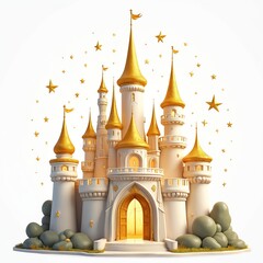 Naklejka premium Golden castle with white walls and towers. Gold spires and open door. Stars shining around. Fantasy architecture with rocks and grass. Fairy tale royal building