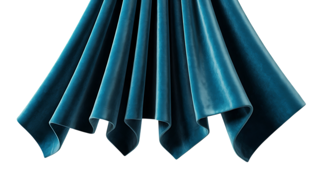 Deep Teal Velvet Fabric Hanging in Vertical Folds blue isolated on a transparent background