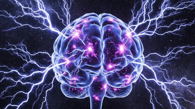 Top view of a glowing blue human brain with intense electrical lightning bolts and energy discharge in space 4k video