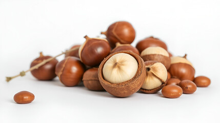 Candlenuts against a white background, herbs photography.