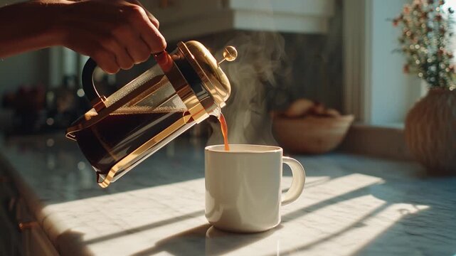 Pouring fresh coffee into a warm mug in a bright kitchen setting during morning time