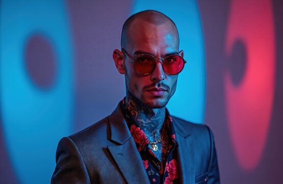 Bald man with tattoos wears stylish grey tuxedo, rose patterned shirt. Red round glasses frame his face, standing against blue, red neon lit studio background, exuding confidence, individuality.