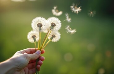 Hand holds bouquet of dandelion flowers against blurred green background. Seeds fly away in the wind. Person gently grasps stems of dandelions with white fluffy seed heads. Beautiful spring scene.