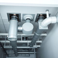 Vents system. Ventilation shafts under ceiling. Place for inflow of clean air into premises. Ventilation equipment. Oxygen cleaning and filtration system. Steel vents pipes inside premises