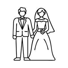 Fototapeta premium A black and white line art illustration depicting a bride and groom standing together, holding hands, symbolizing marriage, love, and celebration
