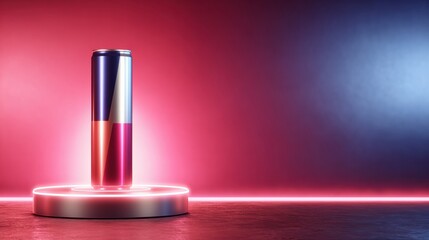 Energy Drink Promo With Neon Lighting and Metallic Podium Showcasing Vibrant Product Design