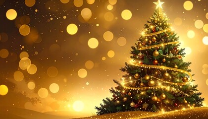 Festive Golden Christmas Tree Illuminated with Warm Lights and Bokeh Effect, Perfect for Holiday Greetings