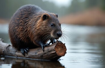 Brown beaver sits on tree log in water. Its wet fur glistens, showing wild life activity. Rodent holds wood near its mouth, busy working. This animal lives in its forest river habitat building dams.