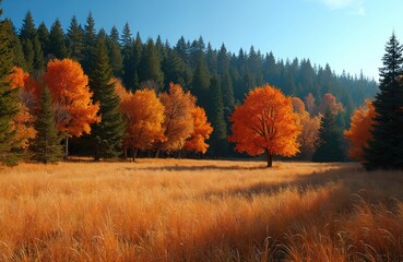 Autumn forest landscape with golden meadow under clear blue sky. Vibrant orange trees mix with green pine woods on sunny fall day. Peaceful scenery of wild nature park.