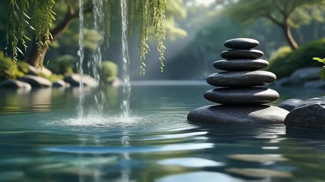 Black and white zen stones stack in perfect balance on the water, illustrating harmony, meditation, and natural wellness concepts