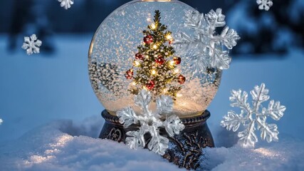 Close up of a christmas snow globe with a lit tree inside, resting in fresh snow with large snowflake overlay in winter 4k video - Powered by Adobe