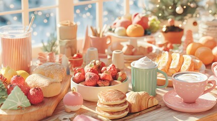 Table with a variety of food and drinks, including a cup of coffee. The table is set for a festive occasion, with a Christmas tree in the background