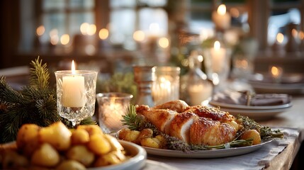 Table with a large roasted chicken and a variety of side dishes, including potatoes and carrots. The table is set with candles and a lit candle, creating a warm and inviting atmosphere