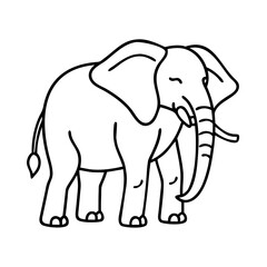 Fototapeta premium Simple black and white line art illustration of an elephant, standing with its trunk curled and large ears, a majestic and iconic animal