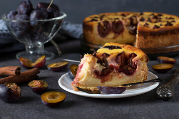 French curd pie with plums and cinnamon, ready to eat on plate on gray background