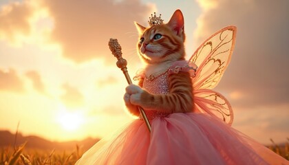 Naklejka premium Cute orange tabby cat wears pink fairy princess dress, small crown, delicate wings. Pet holds magic scepter outdoors in golden hour light. Feline looks elegant in costume, standing in sunset field