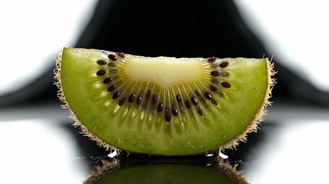 Close up of a fresh kiwi slice with seeds visible on a reflective surface.
