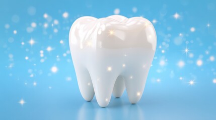 A shiny white tooth model stands prominently against a soft blue background filled with sparkling effects. This scene emphasizes the importance of maintaining good oral hygiene and health.