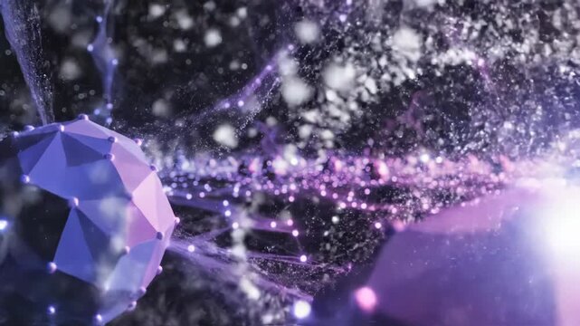 Digital network structure with glowing purple and blue geometric shape in a dark starry space representing data connection 4k video