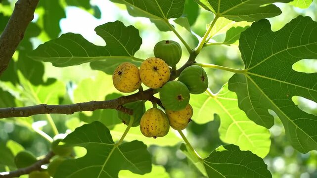 Close up of figs on a tree branch with green leaves in sunlight.