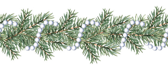 Seamless Christmas fir garland with pearl bead decoration. Watercolor Christmas illustration for New Year's designs. Seamless fir branch border for greeting cards