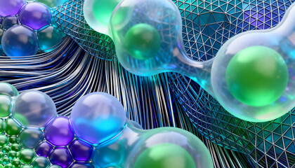 abstract fusion of organic cellular structures and synthetic fiber networks, echoing modern biotech aesthetics  colorful 3d