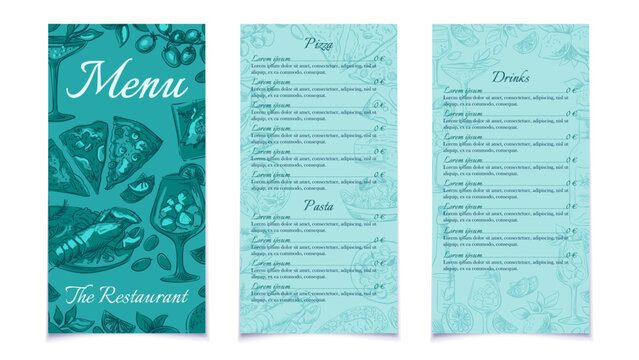 Italian restaurant menu template with Mediterranean lemon theme. Elegant Greek-inspired patterns and citrus illustrations for bar branding, summer dining cards, and cocktail designs. Vector art