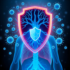 Abstract blue human bronchial tree behind the futuristic guard shield attacked by blue viruses. Lungs protection.