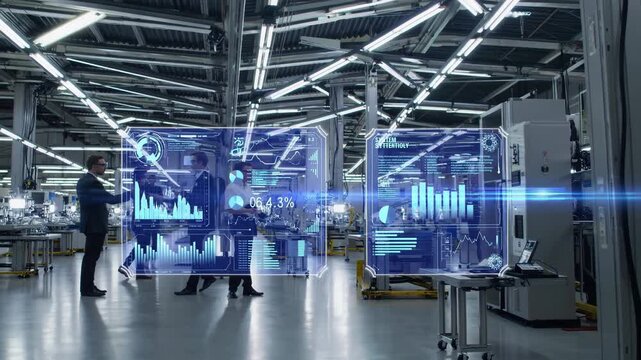 Engineers and technicians monitoring production data and graphs on holographic interfaces inside a modern futuristic smart factory with advanced manufacturing technology