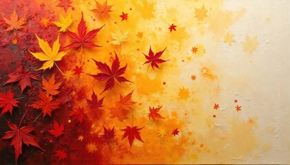 Autumn maple leaves in shades of red, orange, yellow fall on textured canvas background. Abstract artwork shows vibrant seasonal colors, brush strokes, paint splatters. Nature inspired artistic