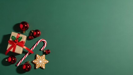 Festive Christmas composition with gift box, red baubles, candy cane, and gingerbread cookie on green background with copy space.