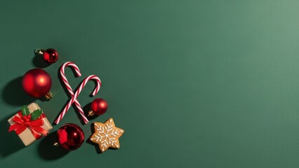 Christmas decoration layout with red bauble, candy cane, and gingerbread cookie. Holiday season tradition and celebration. Festive flat lay greeting card.