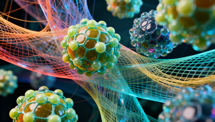 abstract fusion of organic cellular structures and synthetic fiber networks, echoing modern biotech aesthetics  colorful 3d