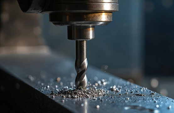 Sharp metal drill bit pierces steel surface creating shavings. Industrial machine operates precisely making holes. Metalworking process for fabrication and repair tasks. - Powered by Adobe