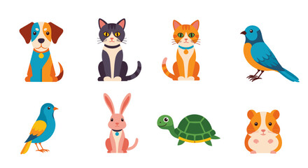 Naklejka premium Collection of cute cartoon domestic pet animal icons including dog cat bird rabbit turtle hamster