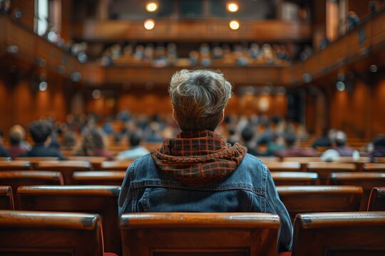 Student attending a lecture in university auditorium with audience watching presentation