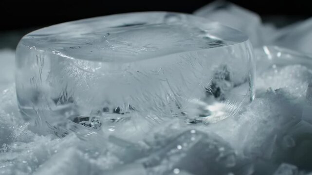 A chunky clear ice block sits on crushed ice with a black background for contrast