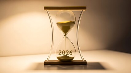 New Year 2026 hourglass countdown with golden sand on a warm minimalist background, symbolizing time and year transition | Happy new year 2026 | 2026 | Happy new year