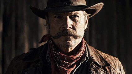 Man wearing cowboy hat and bandana with mustache outdoors
