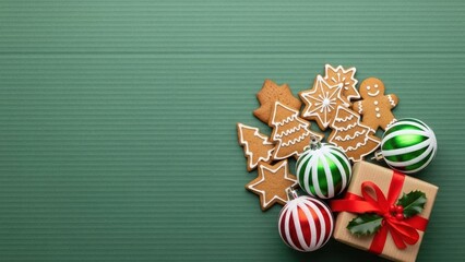 Assortment of Christmas gingerbread cookies, gift, and ornament. Holiday season background with traditional baked biscuit. Christmas celebration.