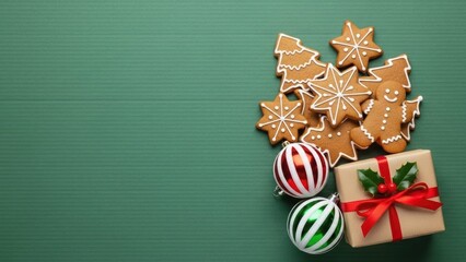 Christmas gingerbread cookies, gift, and ornaments on green background for holiday celebration and festive season.