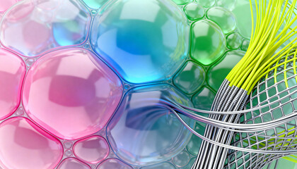 abstract fusion of organic cellular structures and synthetic fiber networks, echoing modern biotech aesthetics  colorful 3d